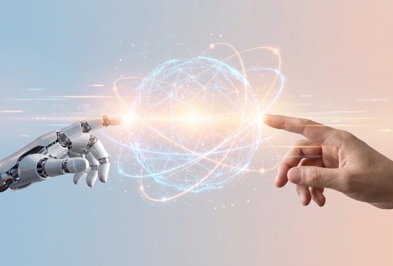 AI word suggestion feature robot hand and human hand