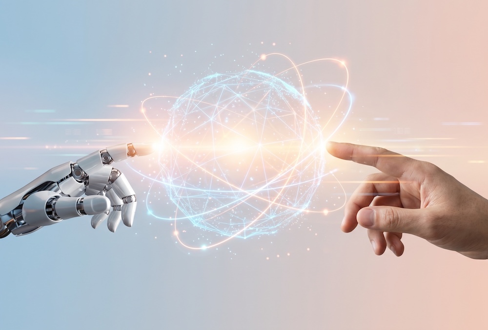 AI word suggestion feature robot hand and human hand